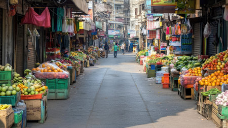 An empty street in Mumbai Dadar Market, with colorful fruit and vegetable stalls on either side.の素材