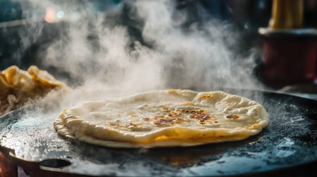 A traditional Indian roti puffing up on a hot griddle, with smoke and steam rising around it.の素材