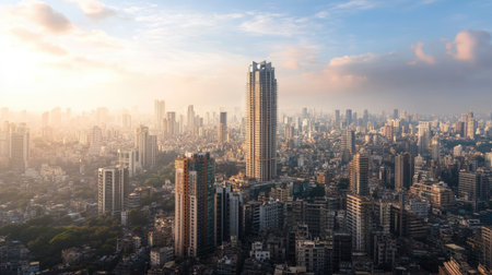 A view of the Mumbai skyline with the iconic Antilia building towering above the cityscape.の素材
