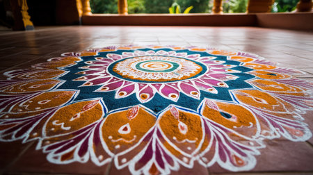 An intricate kolam or rangoli design created with colored powders on the floor, ready for a festival.の素材