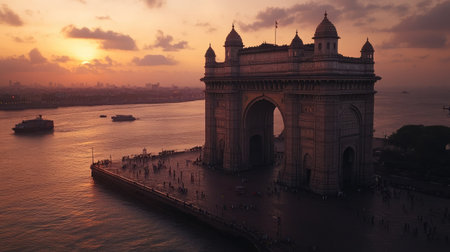 A wide shot of the majestic Gateway of India at sunset, with its towering arch and intricate details.の素材