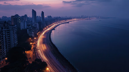Aerial view of Mumbai Marine Drive, with the iconic curve of the coastline and city lights at dusk.の素材