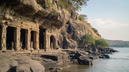 A view of the historic Elephanta Caves, with ancient rock-cut sculptures and carvings.の素材