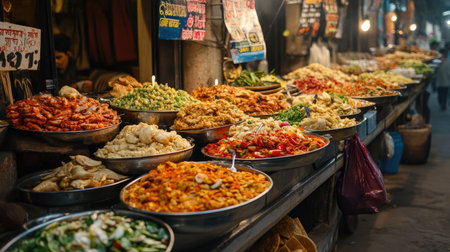 Mumbai's famous street food stalls lined up, with colorful signs and an array of ingredients on display.の素材