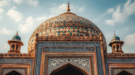 The domed roof of a Mughal-era mosque, with intricate tile work and calligraphy inlaid in stone.の素材