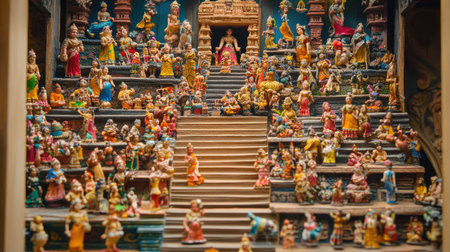 A view of the vibrant Golu doll display during Navratri, with intricate figurines arranged on stepsの素材