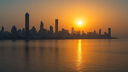 Sunrise over the Mumbai skyline, with the sun casting a golden glow on the buildings and sea.の素材