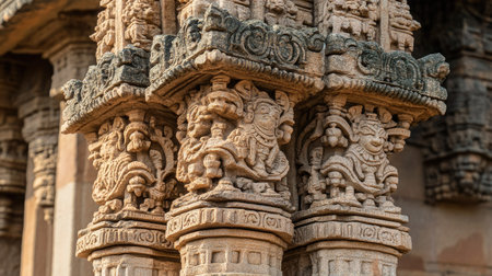 The detailed carvings on the stone pillars of the Sun Temple in Konark.の素材