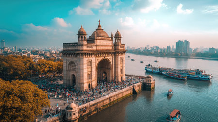 The Gateway of India in Mumbai with tourists and boats on a bright, sunny day.の素材