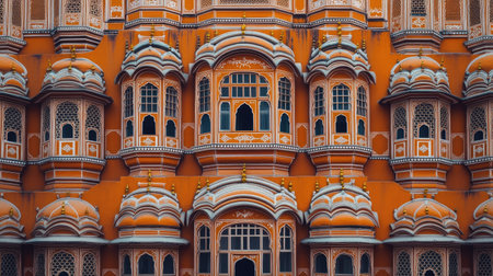 The grand facade of the Hawa Mahal in Jaipur, with its intricate jharokhas and lattice work.の素材