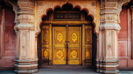 The grand entrance of a traditional Indian palace with ornate wooden doors and carvings.の素材