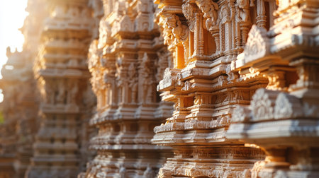 Close-up of the detailed relief work on the exterior walls of a South Indian temple.の素材