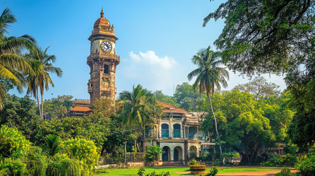 The iconic Rajabai Clock Tower standing tall in the Fort area of Mumbai, surrounded by greenery.の素材