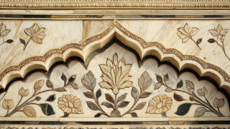The intricate marble inlay work on the walls of the Taj Mahal, showcasing Mughal artistry and craftsmanship.の素材