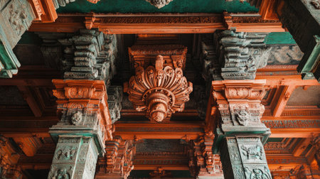 Detailed view of the intricately designed ceiling of a traditional Indian temple mandapa.の素材