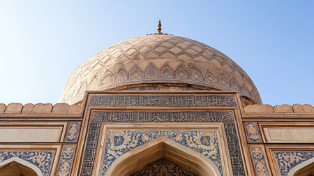 The domed roof of a Mughal-era mosque, with intricate tile work and calligraphy inlaid in stone.の素材