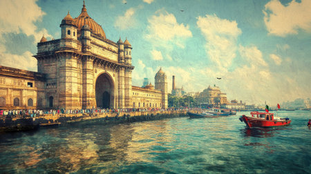 The Gateway of India in Mumbai with tourists and boats on a bright, sunny day.の素材