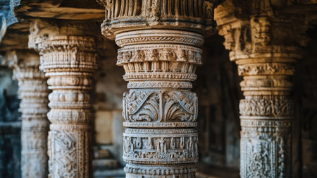 Intricately carved stone pillars of an ancient Indian temple, with detailed patterns and motifs.の素材