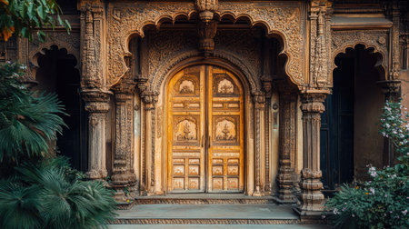 The grand entrance of a traditional Indian palace with ornate wooden doors and carvings.の素材