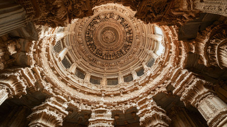 Detailed view of the intricately designed ceiling of a traditional Indian temple mandapa.の素材