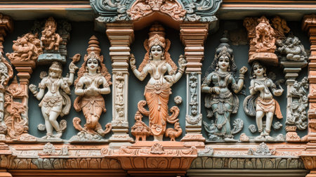 Close-up of the detailed relief work on the exterior walls of a South Indian temple.の素材