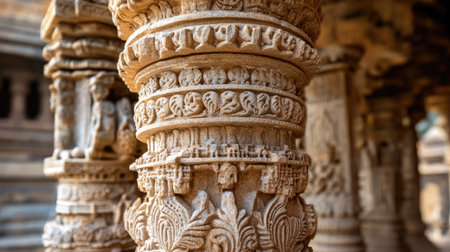 Intricately carved stone pillars of an ancient Indian temple, with detailed patterns and motifs.の素材