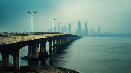 The Bandra-Worli Sea Link bridge stretching across the bay, with the Mumbai skyline in the distance.の素材