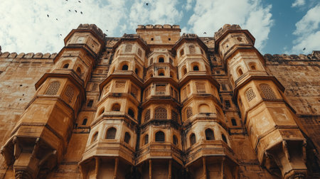 The majestic facade of an ancient Indian fort, with its towering walls and intricate patterns.の素材