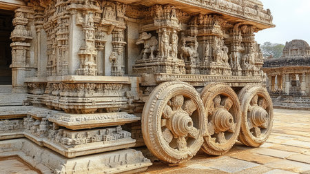 The majestic stone chariot at the Vittala Temple in Hampi, with its detailed carvings and wheels.の素材