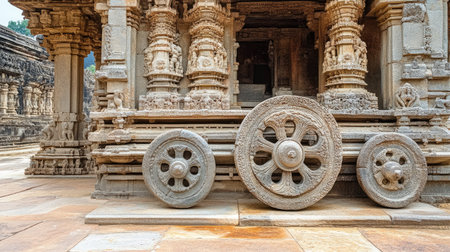 The majestic stone chariot at the Vittala Temple in Hampi, with its detailed carvings and wheels.の素材