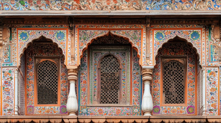 The ornate facade of an Indian haveli (mansion) with intricate lattice work and colorful frescoes.の素材