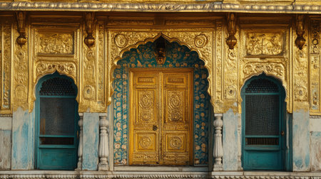 The ornate entrance of the Golden Temple in Amritsar, with its detailed gold leaf work.の素材