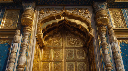 The ornate entrance of the Golden Temple in Amritsar, with its detailed gold leaf work.の素材