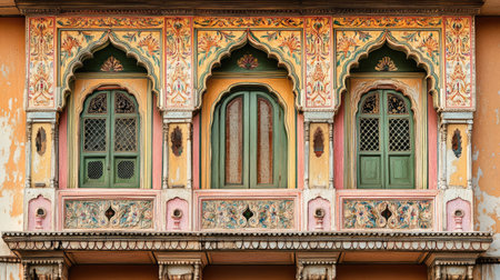 The ornate facade of an Indian haveli (mansion) with intricate lattice work and colorful frescoes.の素材
