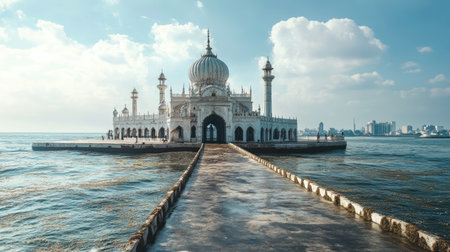 View of the iconic Haji Ali Dargah floating on the Arabian Sea, with a pathway leading to the shrine.の素材
