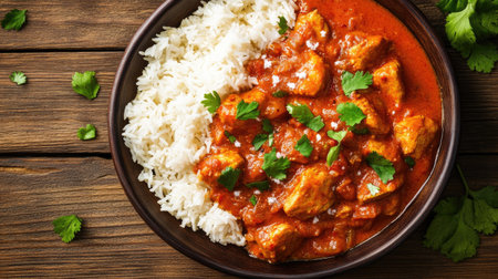 Butter Chicken in a creamy tomato sauce served with basmati rice. Copy space available.の素材