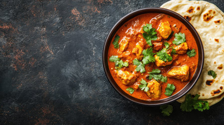 Chicken Tikka Masala garnished with fresh coriander and served with naan bread. Top view with copy space.の素材
