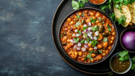 Chole Bature with pickles, onions, and chutney on a plate. Top view with copy space.の素材