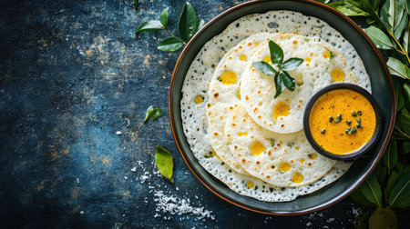 Appam with sweet coconut milk and curry, a traditional Sri Lankan breakfast. Copy space available.の素材