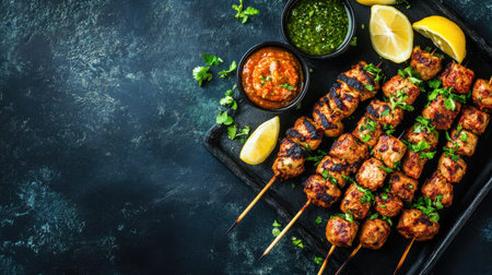 Assorted Kebabs on skewers with mint chutney and lemon wedges. Top view with copy space.の素材