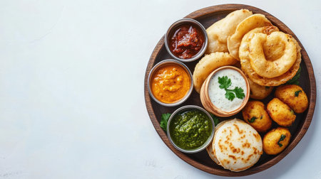 South Indian breakfast with idli, dosa, vada, and chutneys on a platter. Copy space available.の素材