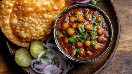 Chole Bature with pickles, onions, and chutney on a plate. Top view with copy space.の素材