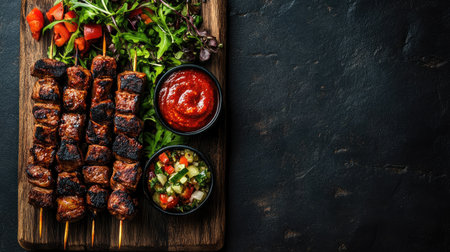 Assorted Kebabs with chutney and salad on a wooden board. Top view with copy space.の素材