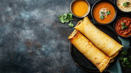 Crispy dosa served with sambar and coconut chutney. Top view with copy space.の素材
