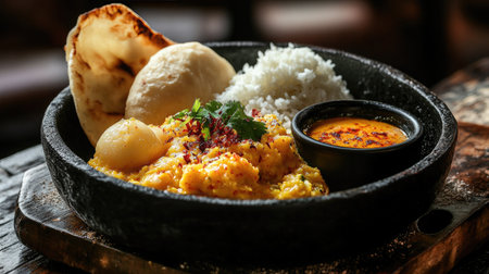 Coconut sambol served with string hoppers and curry, a Sri Lankan breakfast dish. Copy space available.の素材