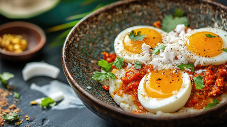 Egg hopper served with spicy lunu miris and coconut sambol in Sri Lanka. Copy space available.の素材