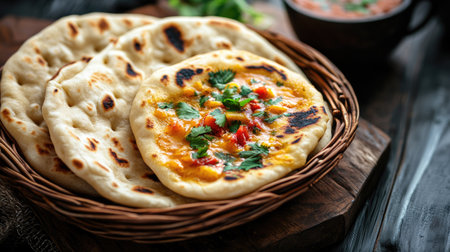 Freshly baked naan brushed with butter, served with curry. Copy space available.の素材