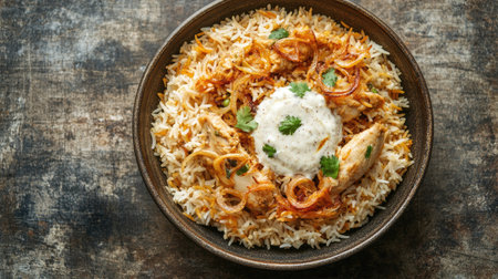 Chicken Biryani garnished with fried onions, served with raita. Copy space availableの素材
