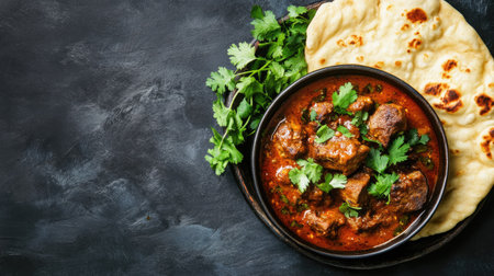 Mutton Curry served with naan and garnished with fresh herbs. Top view with copy space.の素材