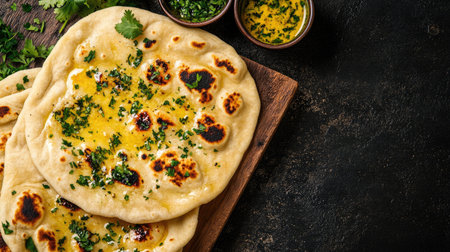 Freshly baked naan brushed with butter, served with curry. Copy space available.の素材